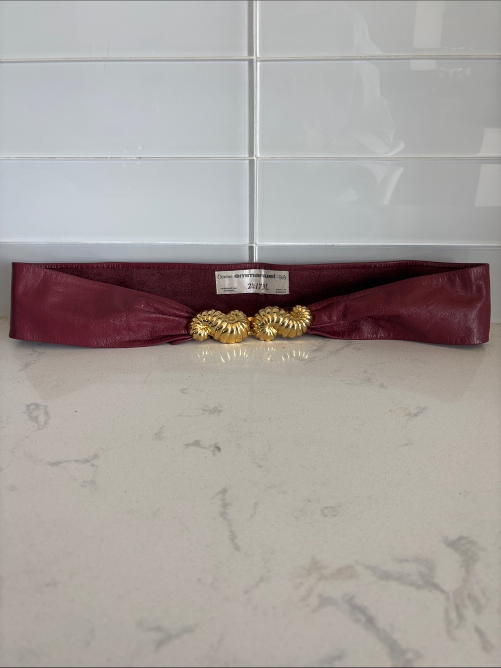 Vintage Burgundy Emmanuel Leather Waist Belt with Gold Shell Buckle